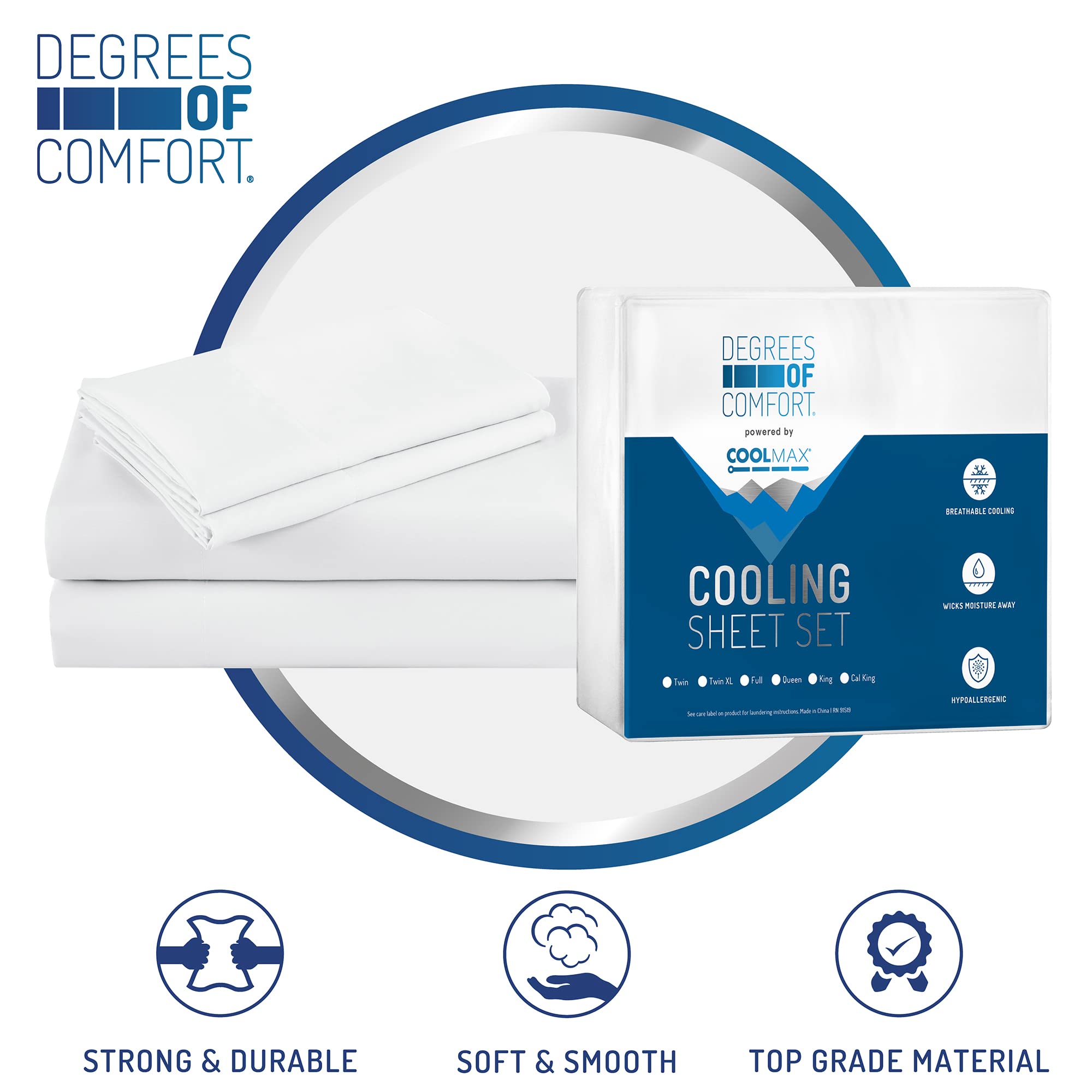 Degrees of Comfort Coolmax Cooling Sheets Set for Full Size Bed, Moisture Wicking for Night Sweats Best Comfort, Cool Sheets for Hot Sleepers During Warm Weather with Deep Pocket, White-4PC