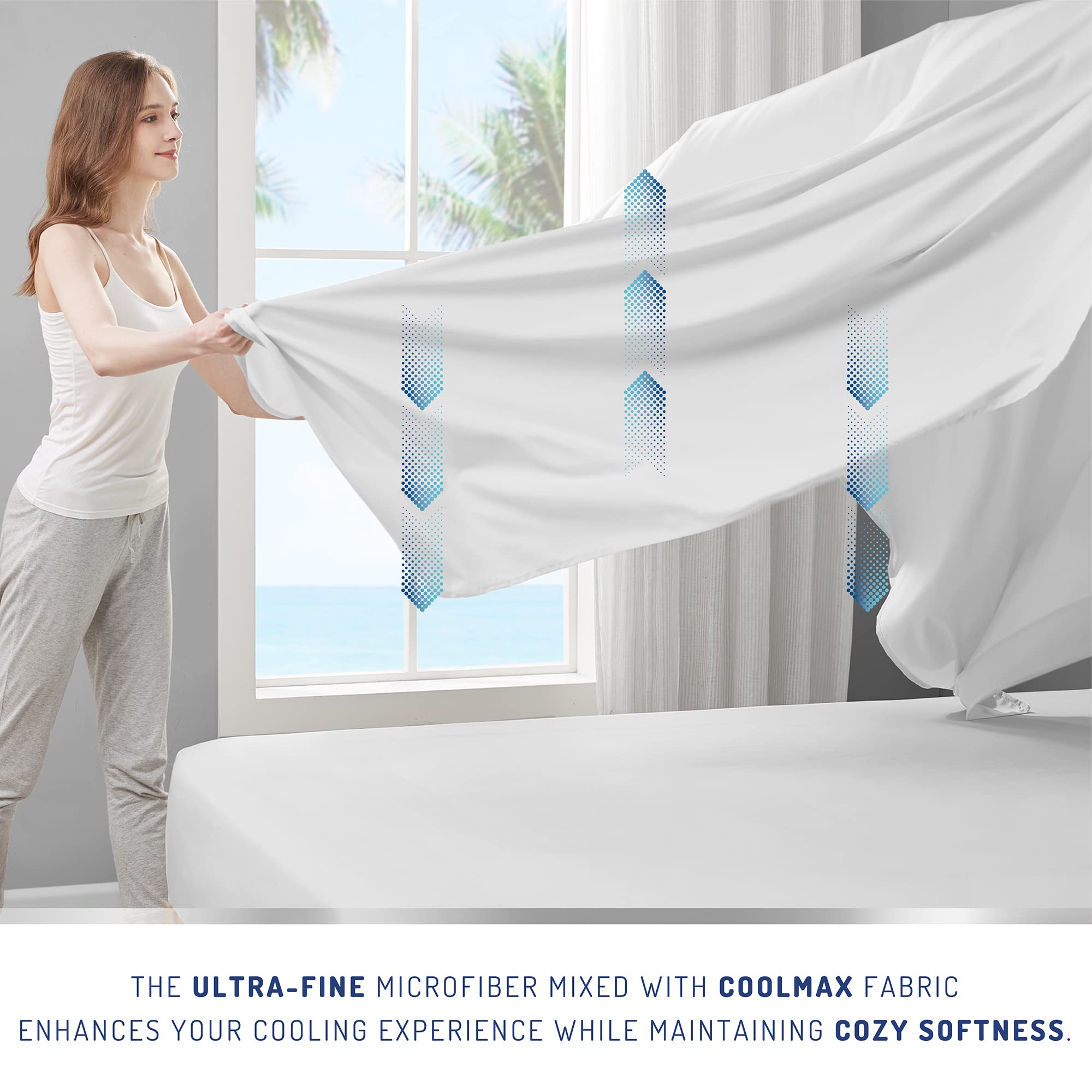 Degrees of Comfort Coolmax Cooling Sheets Set for Full Size Bed, Moisture Wicking for Night Sweats Best Comfort, Cool Sheets for Hot Sleepers During Warm Weather with Deep Pocket, White-4PC