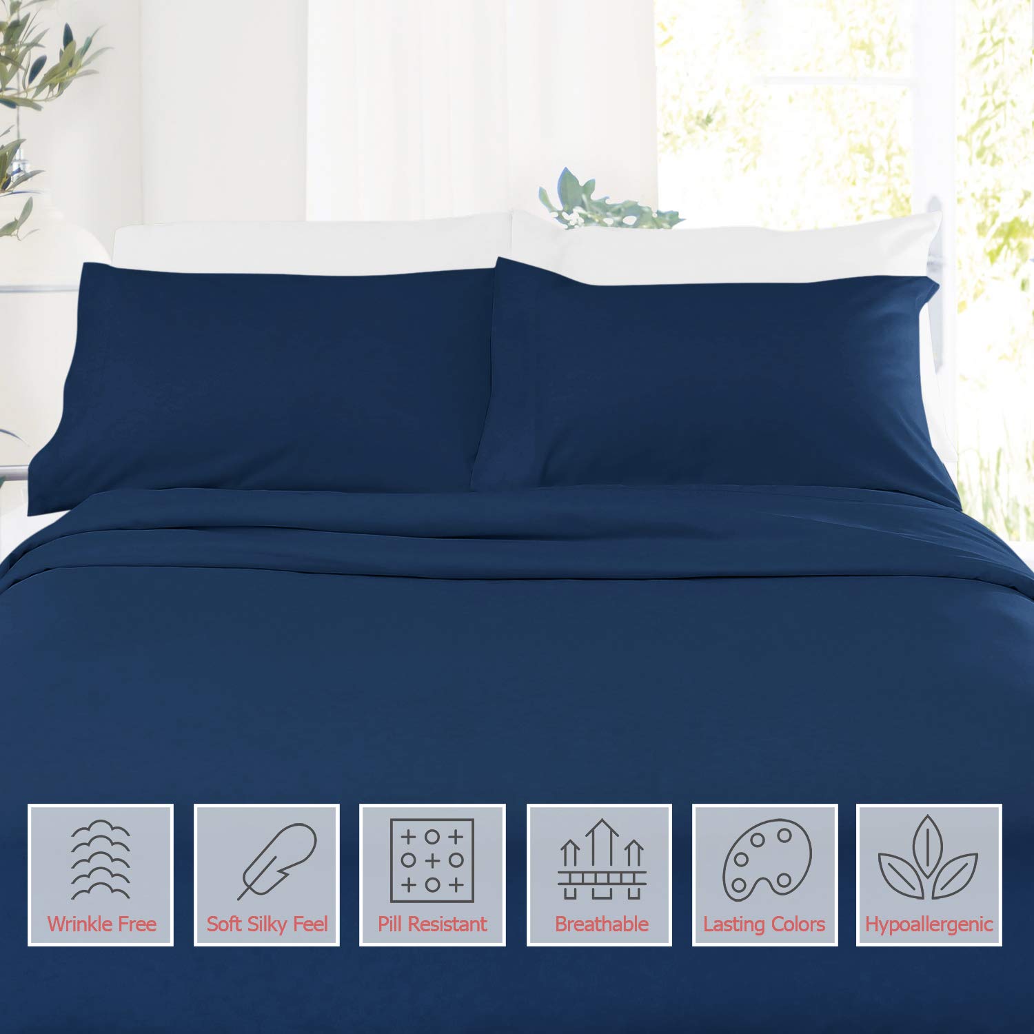 Full Size Sheets – 4 Piece Full Navy Blue Bed Sheet Set - Hotel Bed Sheets - Soft Microfiber Sheets - Easy Fit 8" to 14" Deep Pocket Fitted Sheets - 4 PC Sheets Full Sheets - Navy Dark Blue