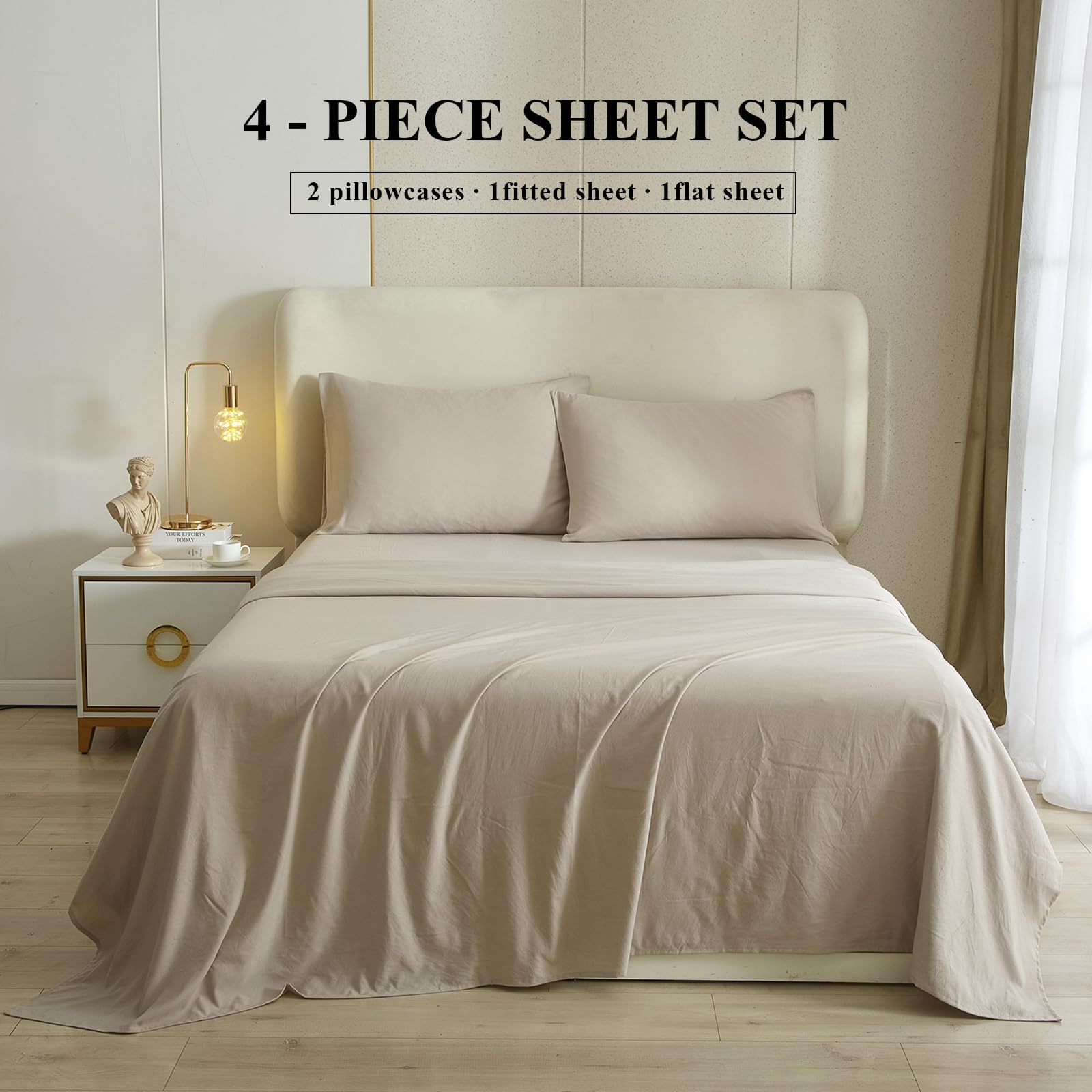 HighBuy Beige Full Size Sheet Set Extra Soft Deep Pocket Sheets Set,4 Piece Bed Fitted Sheets Fit 16 Mattress,Wrinkle,Fade,Stain Resistant Cooling Bed Sheets,Fitted Sheets,Pillowcases Set (Full,Beige)