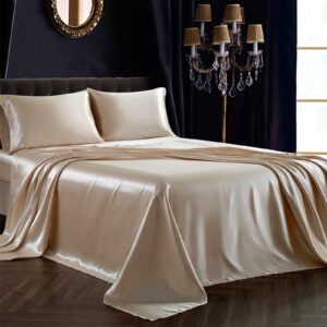 siinvdabzx 4pcs satin sheet set full size ultra silky soft beige satin full bed sheets with deep pocket, 1 fitted sheet, 1 flat sheet, 2 envelope closure pillowcases