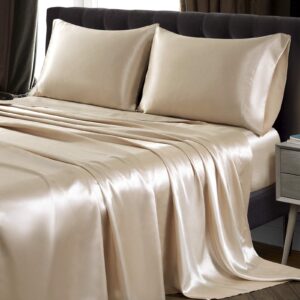 SiinvdaBZX 4Pcs Satin Sheet Set Full Size Ultra Silky Soft Beige Satin Full Bed Sheets with Deep Pocket, 1 Fitted Sheet, 1 Flat Sheet, 2 Envelope Closure Pillowcases