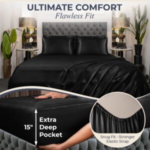 DECOLURE Satin Sheets Full Set 6pcs - Hotel Luxury Silk Touch Satin Sheets Full - Elegant Silky Soft Full Size Bed Sheets，Wrinkle-Free Black Satin Sheets Full Set with Fitted Sheets, Deep Pocket Full