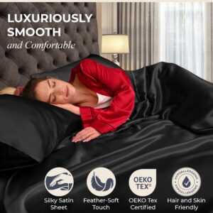 DECOLURE Satin Sheets Full Set 6pcs - Hotel Luxury Silk Touch Satin Sheets Full - Elegant Silky Soft Full Size Bed Sheets，Wrinkle-Free Black Satin Sheets Full Set with Fitted Sheets, Deep Pocket Full