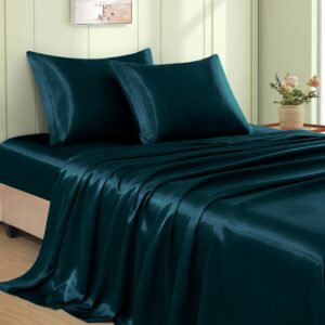 vacvelt 4pcs dark teal satin sheets full size bed set, 15 inch deep pocket silky satin sheet set, soft satin bedding set cooling & luxury bed sheets, 1 fitted sheet + 1 flat sheet + 2 pillowcases