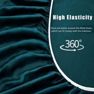 VACVELT 4pcs Dark Teal Satin Sheets Full Size Bed Set, 15 Inch Deep Pocket Silky Satin Sheet Set, Soft Satin Bedding Set Cooling & Luxury Bed Sheets, 1 Fitted Sheet + 1 Flat Sheet + 2 Pillowcases