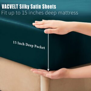 VACVELT 4pcs Dark Teal Satin Sheets Full Size Bed Set, 15 Inch Deep Pocket Silky Satin Sheet Set, Soft Satin Bedding Set Cooling & Luxury Bed Sheets, 1 Fitted Sheet + 1 Flat Sheet + 2 Pillowcases