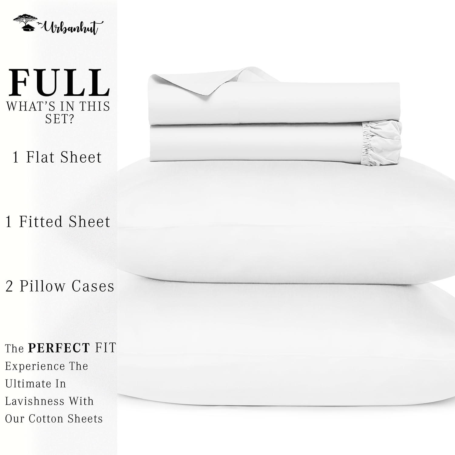 URBANHUT 700 Thread Count Egyptian Cotton Sheets Full Size, 4Pc Sheet Set Soft Luxury Bed Sheets for Full Size Bed, Sateen Weave Hotel Sheets, 16'' Elasticized Deep Pocket - White