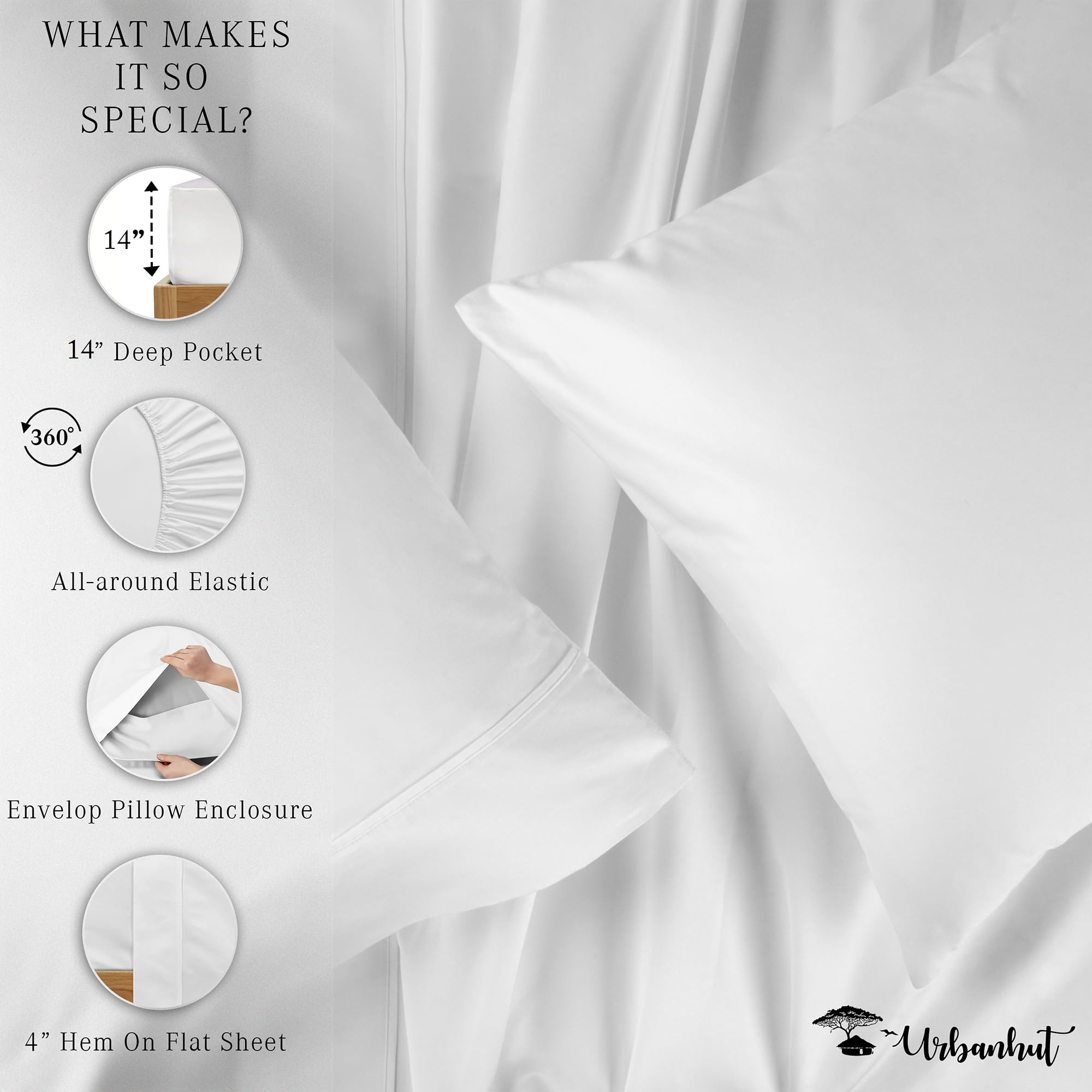 URBANHUT 700 Thread Count Egyptian Cotton Sheets Full Size, 4Pc Sheet Set Soft Luxury Bed Sheets for Full Size Bed, Sateen Weave Hotel Sheets, 16'' Elasticized Deep Pocket - White