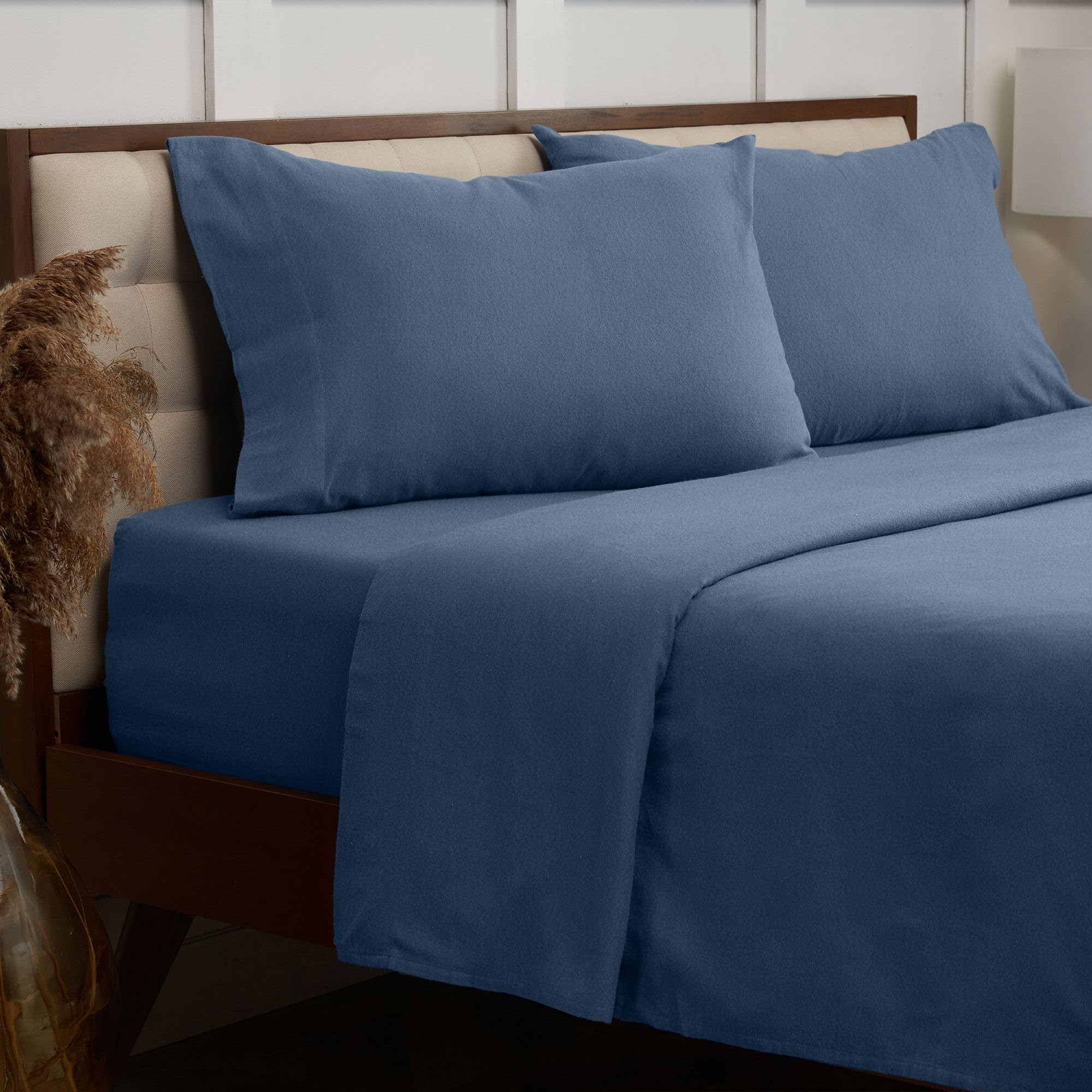 Mellanni Flannel Cotton Full Size Bed Set - Double Brushed for Extra Softness & Comfort - Luxury Lightweight Blue Sheets Set - Deep Pocket Fitted Sheet up to 16 inch - 4 PC Set (Full, Blue)