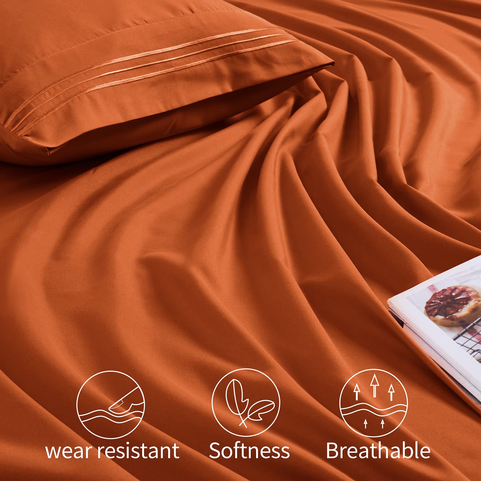 Horbaunal Extra Deep Pocket Full Sheets - Fits Mattress 18-24 Inches Deep - 6 Pieces Hotel Luxury 1800 Thread Count Microfiber Sheet Set - Ultra Soft Burnt Orange Full Size Bed Sheets