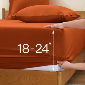 Horbaunal Extra Deep Pocket Full Sheets - Fits Mattress 18-24 Inches Deep - 6 Pieces Hotel Luxury 1800 Thread Count Microfiber Sheet Set - Ultra Soft Burnt Orange Full Size Bed Sheets