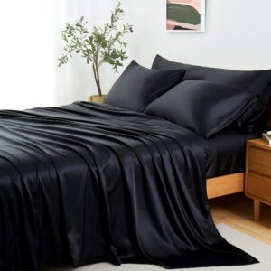 entisn 5pcs black full size sheet set with body pillow cover, silky satin sheet set, luxury bedding sets, breathable & ultra soft bed sheet set includes 1 fitted sheet, 1 flat sheet, 2 pillowcases