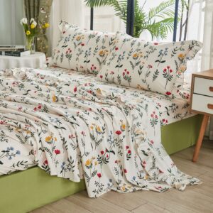 Floral Sheet Set Full Size, Flower Botanical Bedding Sheets with 1 Floral Flat Sheet, 1 Flower Fitted Sheet, 2 Pillowcases, Pastoral Style French Country Bed Sheets