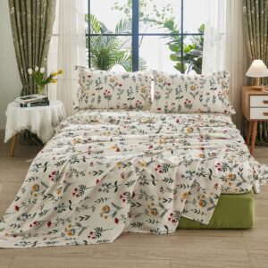 Floral Sheet Set Full Size, Flower Botanical Bedding Sheets with 1 Floral Flat Sheet, 1 Flower Fitted Sheet, 2 Pillowcases, Pastoral Style French Country Bed Sheets