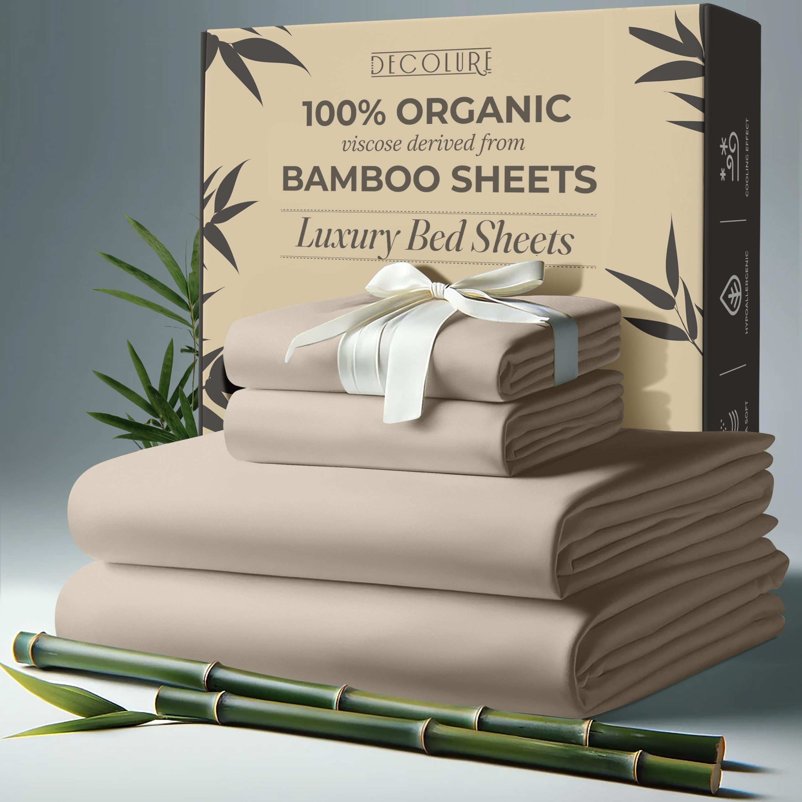 DECOLURE 100% Organic Viscose Derived from Bamboo Sheets Full Size 4pcs - Ultra Soft & Luxuriously Cooling, 17" Deep Pocket, Double Stitching, Perfect for Hot Sleepers - Full Bed Sheets (Taupe)