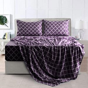 Lux Decor Full Size Bed Sheets Set, 4-Pc, Breathable Hotel Style Sheets, Microfiber Sheets Deep Pockets, Easy-Fit, Soft & Wrinkle Free Oeko-Tex Quatrefoil Bed Sheets (Full, Purple)