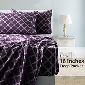 Lux Decor Full Size Bed Sheets Set, 4-Pc, Breathable Hotel Style Sheets, Microfiber Sheets Deep Pockets, Easy-Fit, Soft & Wrinkle Free Oeko-Tex Quatrefoil Bed Sheets (Full, Purple)