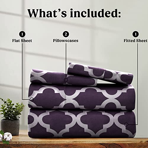 Lux Decor Full Size Bed Sheets Set, 4-Pc, Breathable Hotel Style Sheets, Microfiber Sheets Deep Pockets, Easy-Fit, Soft & Wrinkle Free Oeko-Tex Quatrefoil Bed Sheets (Full, Purple)