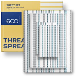 thread spread 100% cotton printed bed sheets - 600 tc 4 pc blue & grey dotted full striped sheet set - hotel luxury sateen bedsheets - deep pockets - breathable & cooling sheets for full size bed