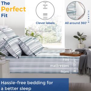 THREAD SPREAD 100% Cotton Printed Bed Sheets - 600 TC 4 Pc Blue & Grey Dotted Full Striped Sheet Set - Hotel Luxury Sateen Bedsheets - Deep Pockets - Breathable & Cooling Sheets for Full Size Bed