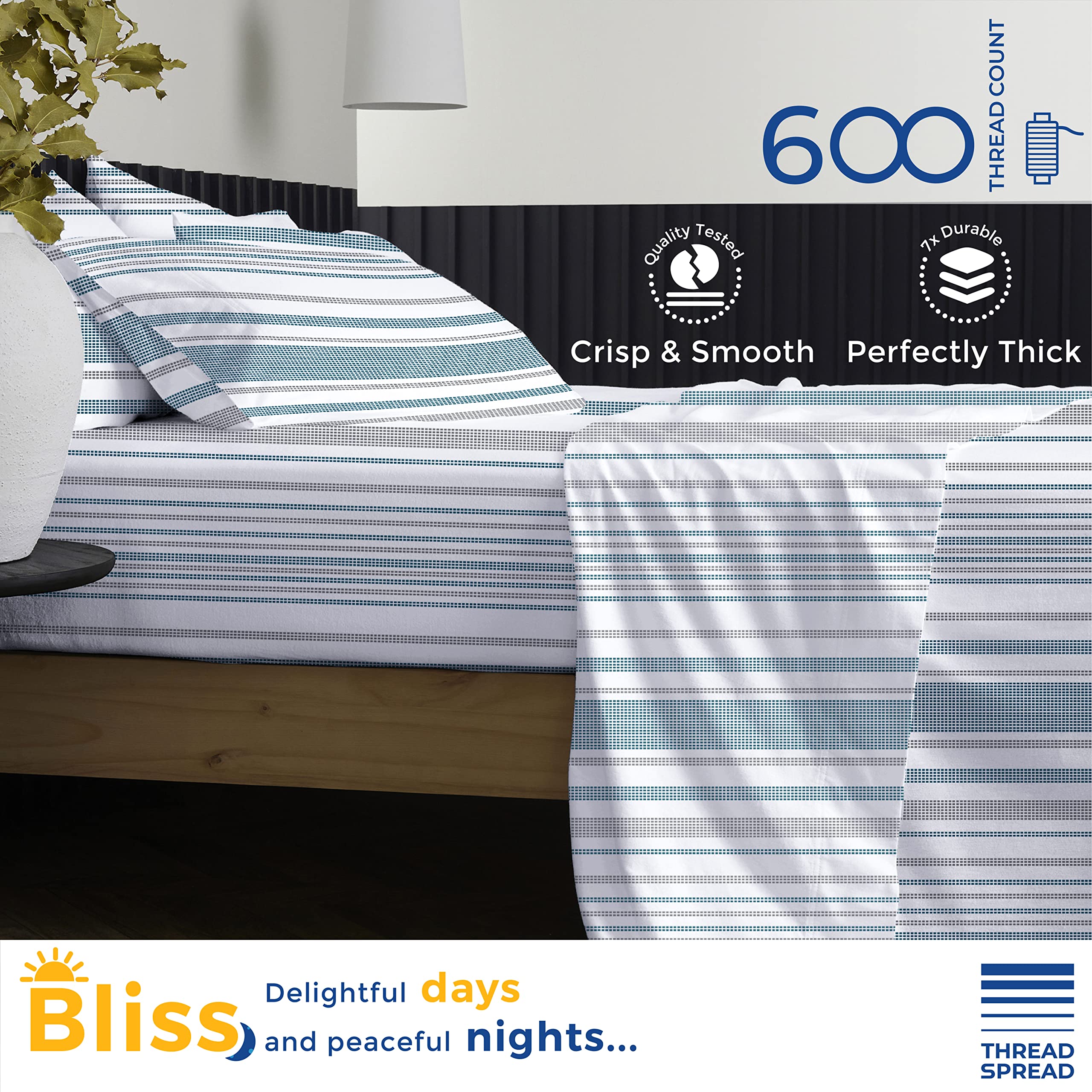 THREAD SPREAD 100% Cotton Printed Bed Sheets - 600 TC 4 Pc Blue & Grey Dotted Full Striped Sheet Set - Hotel Luxury Sateen Bedsheets - Deep Pockets - Breathable & Cooling Sheets for Full Size Bed