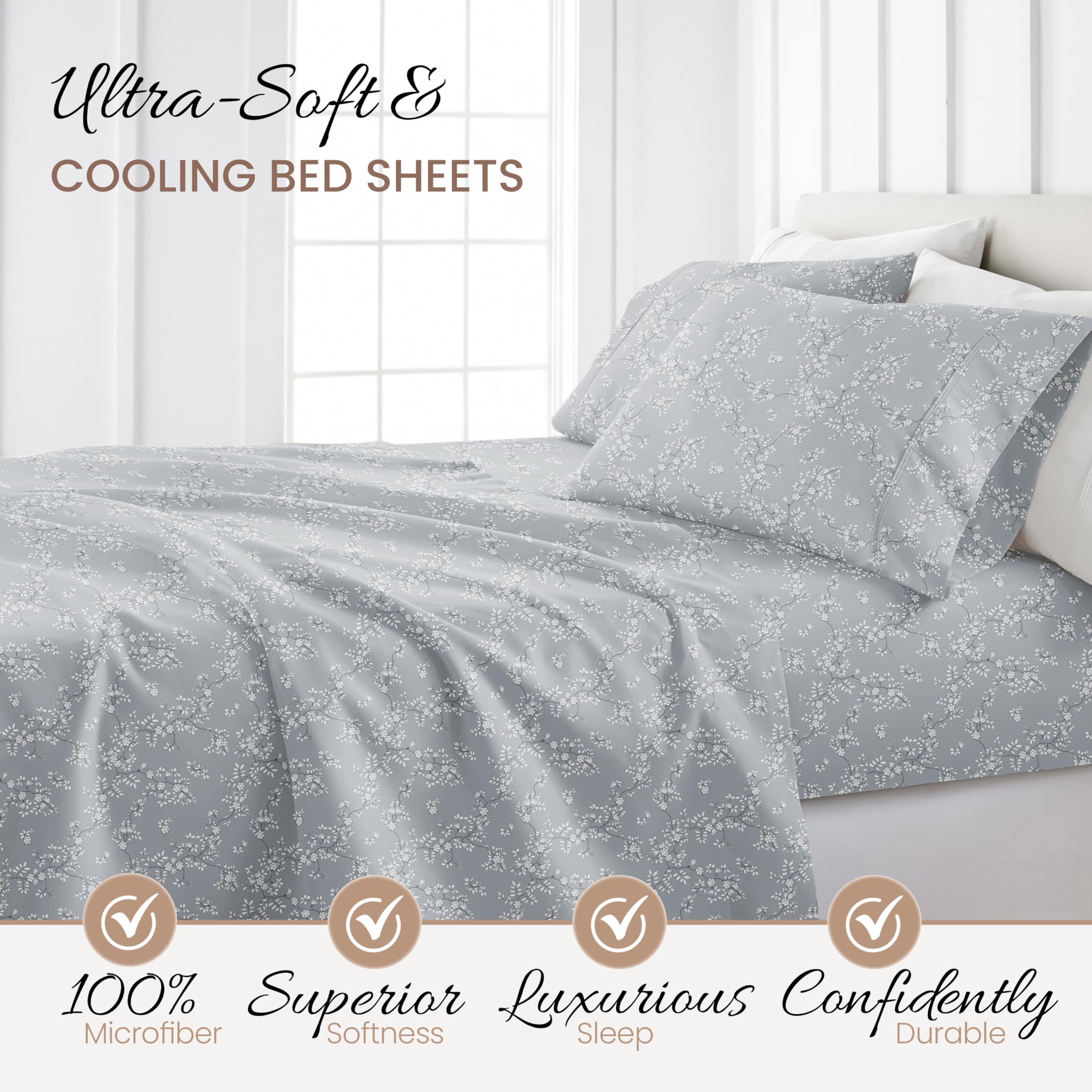 Linen Market 4 Piece Full Bedding Sheet Set (Light Gray Vine) - Sleep Better Than Ever with These Ultra-Soft & Cooling Bed Sheets for Your Full Size Bed - Deep Pocket Fits 16" Mattress