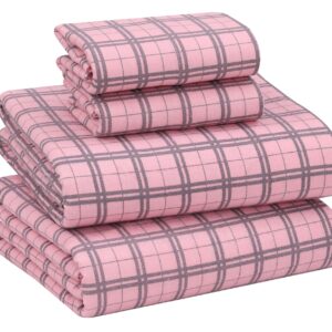 RUVANTI Flannel Sheets Full Size - 100% Cotton Brushed Flannel Bed Sheet Sets - Deep Pockets 16 Inches - All Seasons Breathable & Super Soft - Warm & Cozy - 4 Pcs - Check & Bolt Pink