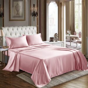 cozylux satin sheets full size - 4 piece pink bed sheet set with silky microfiber, 1 deep pocket fitted sheet, 1 flat sheet, and 2 pillowcases - smooth and soft