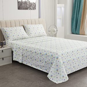 Softan Floral Full Sheet Set Blue Dandelion Flower Bed Sheets Double Printed Sheets - 4 Piece Soft Microfiber Patterned Fitted Sheets Full with 15" Deep Pocket