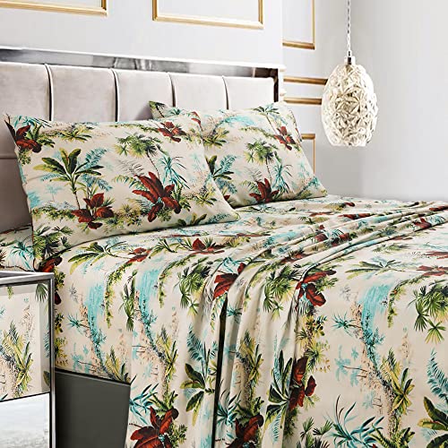 Tribeca Living Full Size Bed Sheet Set, Soft Cotton Sateen Printed Sheets Tropical Print, Extra Deep Pocket, 300 Thread Count, 4-Piece Bedding Sets, Paradise Island Multi, (PARASL4PSSFU)