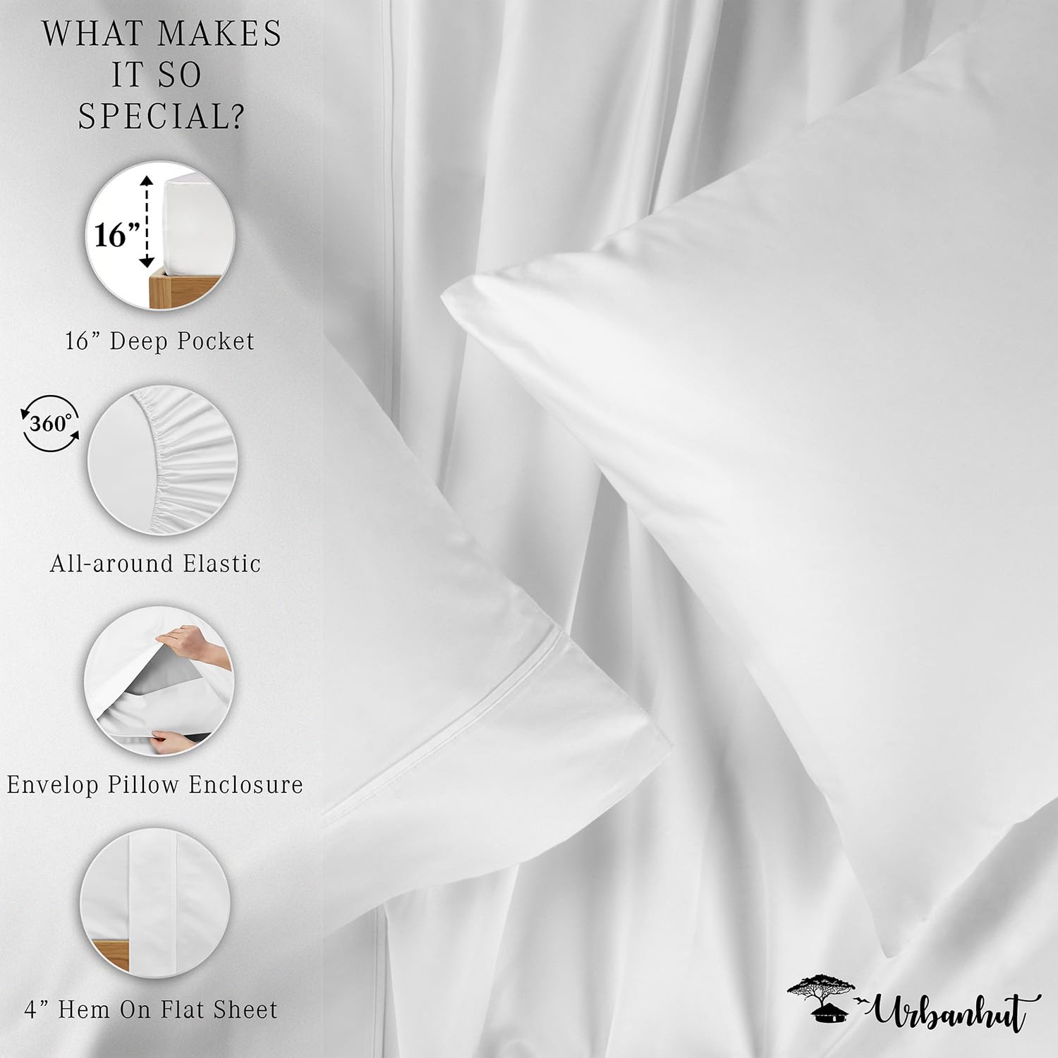 URBANHUT 1000 Thread Count Egyptian Cotton Sheets Full Size, Long Staple Soft & Breathable, 4 Pc Bed Sheet Sets, Luxury Hotel Sateen Sheets Fits 16" Deep Pocket - White