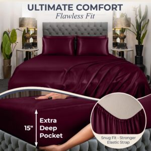 DECOLURE Satin Sheets Full Set 6pcs - Genuine and Luxurious Silk Touch Satin Sheets Full w/Deep Pocket - Elegant All-Season Silky Soft Full Size Bed Sheets - Comfy Satin Sheets Full Set (Rosewood)