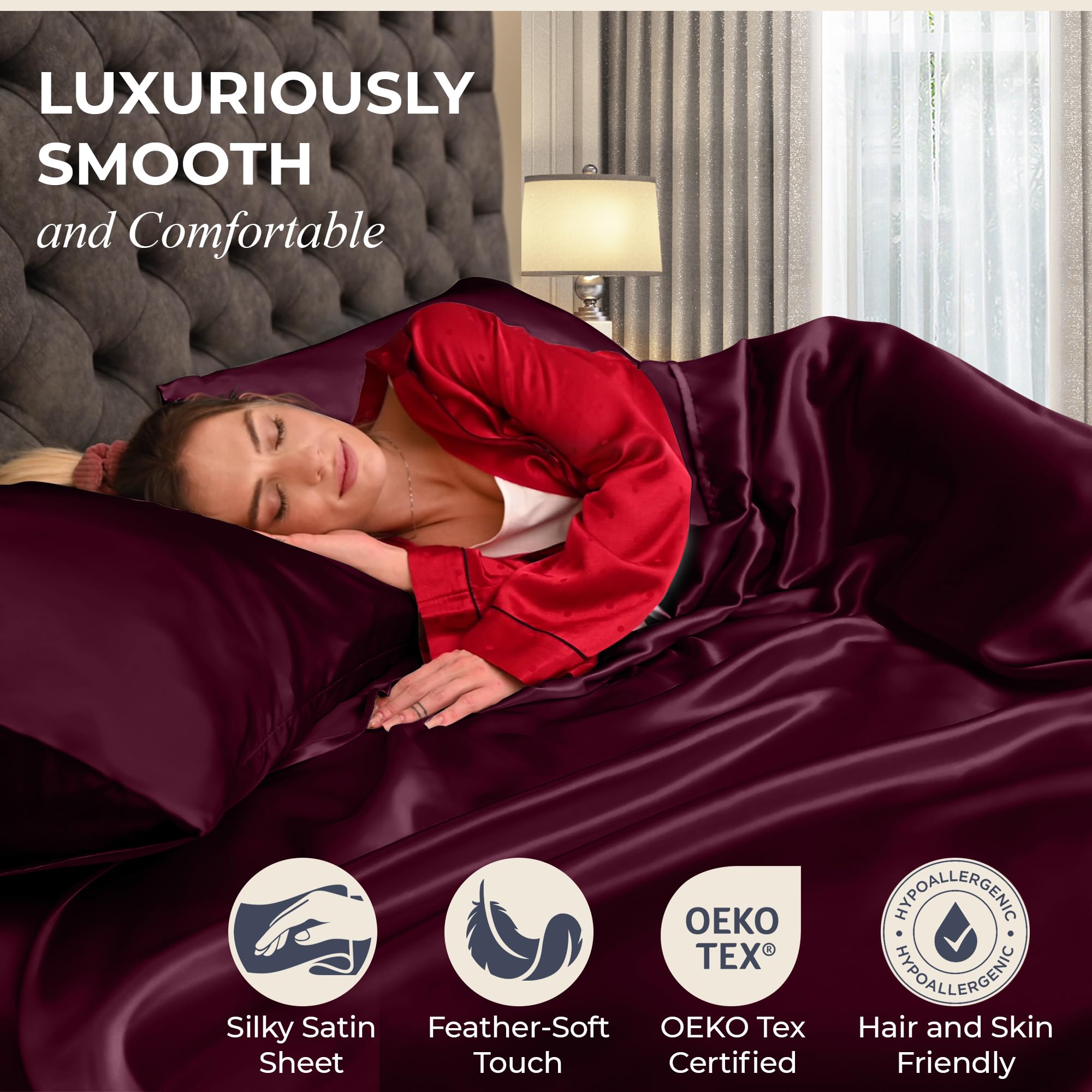 DECOLURE Satin Sheets Full Set 6pcs - Genuine and Luxurious Silk Touch Satin Sheets Full w/Deep Pocket - Elegant All-Season Silky Soft Full Size Bed Sheets - Comfy Satin Sheets Full Set (Rosewood)