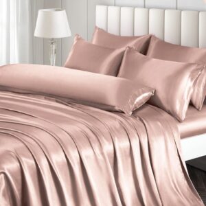 ersmak 7 pieces satin sheets set full size, luxury silky champagne satin bed sheets set with 1 deep pocket fitted sheet, 1 soft flat sheet, 4 queen pillowcases and 1 body pillowcase