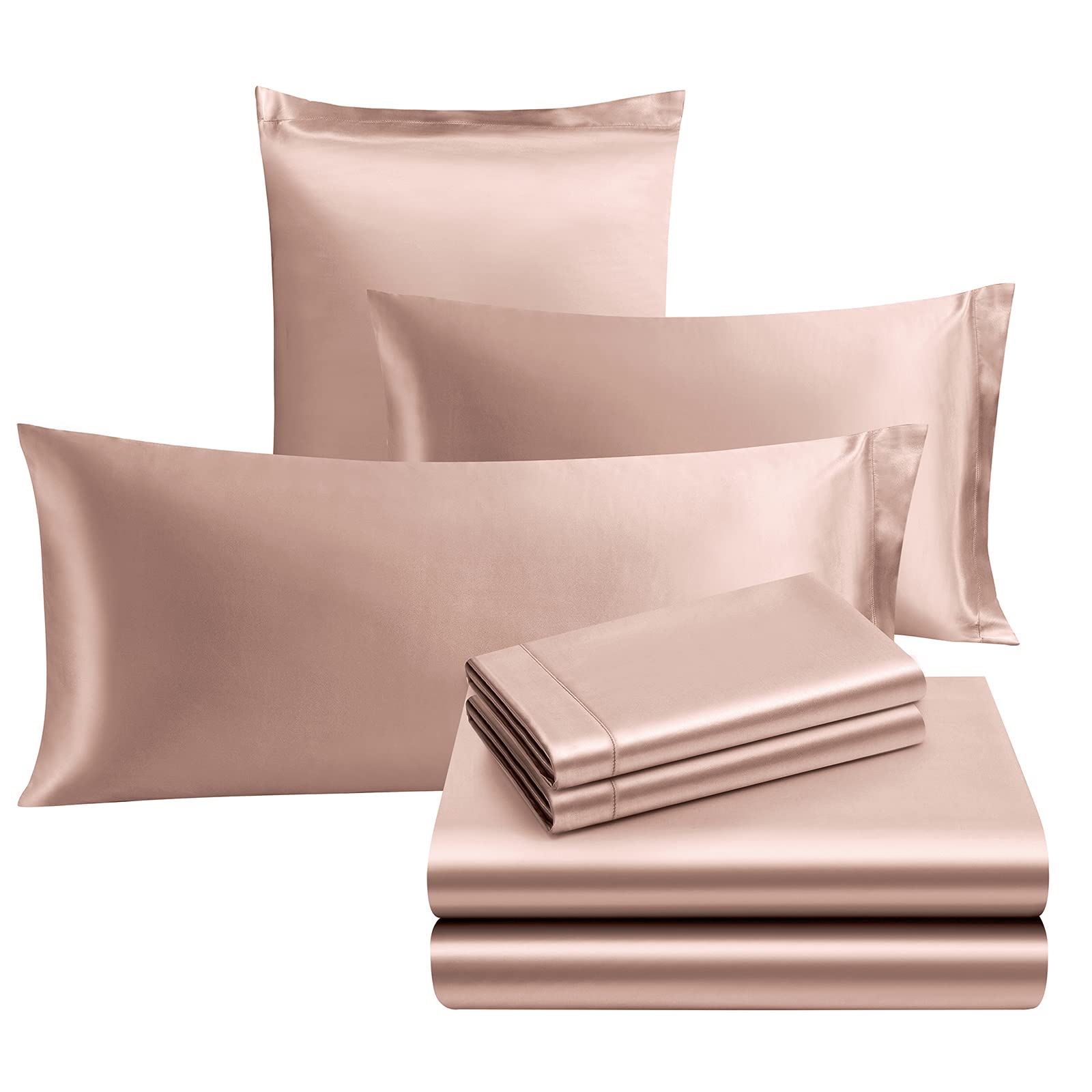 Ersmak 7 Pieces Satin Sheets Set Full Size, Luxury Silky Champagne Satin Bed Sheets Set with 1 Deep Pocket Fitted Sheet, 1 Soft Flat Sheet, 4 Queen Pillowcases and 1 Body Pillowcase