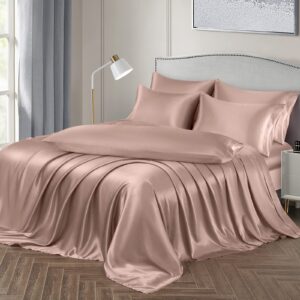 Ersmak 7 Pieces Satin Sheets Set Full Size, Luxury Silky Champagne Satin Bed Sheets Set with 1 Deep Pocket Fitted Sheet, 1 Soft Flat Sheet, 4 Queen Pillowcases and 1 Body Pillowcase