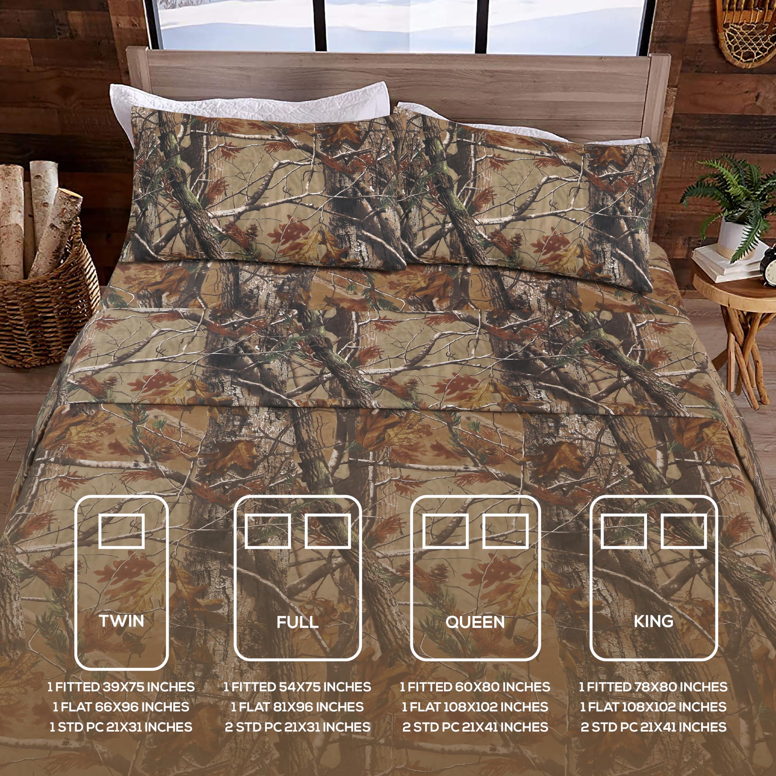 Realtree All Purpose Camo Bedding Full Sheet Set 4 Piece Polycotton Rustic Farmhouse Bedding for Lodge, Cabin & Hunting Bed Set – Perfect for Outdoor Camouflage Bedroom - (54"x 75”)