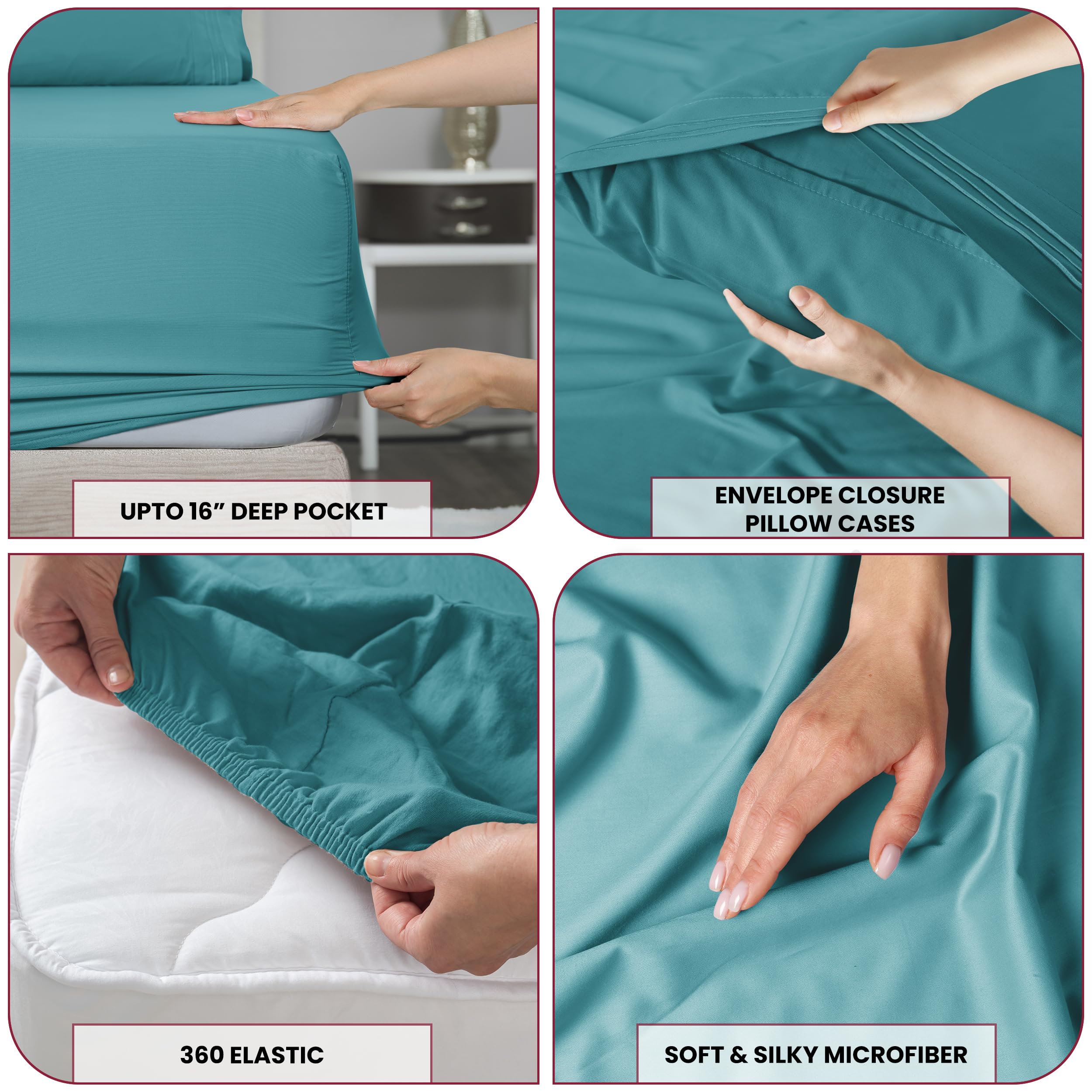 Lux Decor Full Sheet Set - 6 PC Brushed Microfiber Bed Sheets 16 Inches Deep Pockets - Embroidered & Plain Pillowcases - Hotel Luxury Sheets Full Size Bed Set - Soft Bedding sheets (Teal)