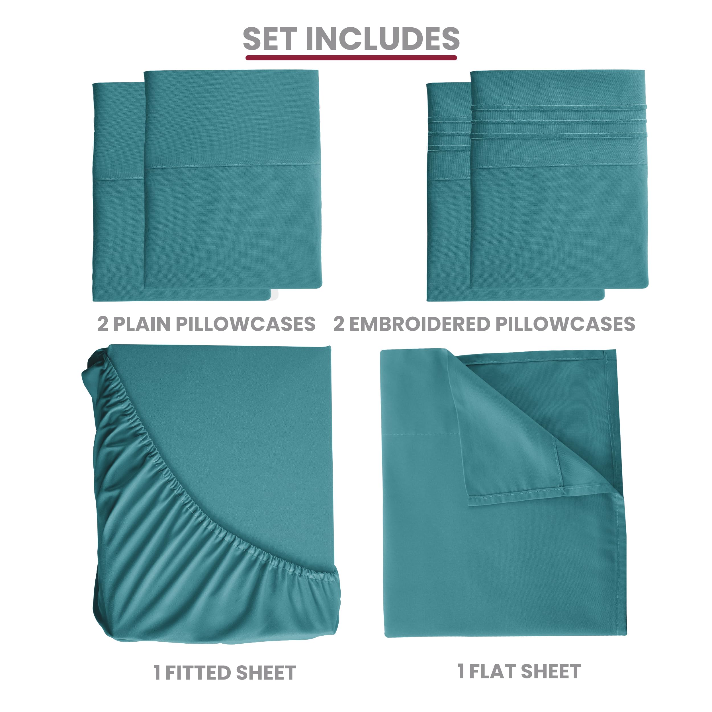 Lux Decor Full Sheet Set - 6 PC Brushed Microfiber Bed Sheets 16 Inches Deep Pockets - Embroidered & Plain Pillowcases - Hotel Luxury Sheets Full Size Bed Set - Soft Bedding sheets (Teal)