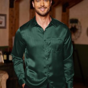 COOFANDY Men's Silk Satin Dress Shirts Luxury Long Sleeve Shirt Shiny Button Up Shirts (Army Green, X-Large)