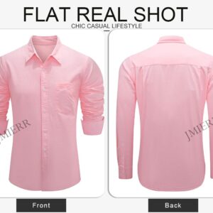 JMIERR Mens Cotton Linen Casual Stylish Button-Down Shirt Long Sleeve Business Fitted Dress Shirts Summer Beach Shirts for Men Old Money Regular Fit with Pocket, US 46(XL), Pink