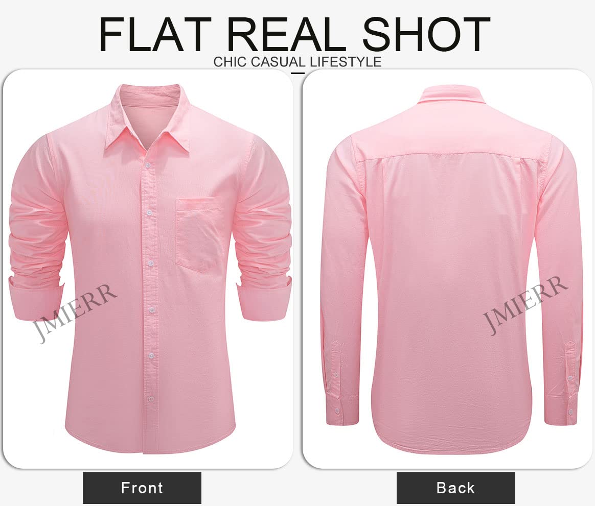 JMIERR Mens Cotton Linen Casual Stylish Button-Down Shirt Long Sleeve Business Fitted Dress Shirts Summer Beach Shirts for Men Old Money Regular Fit with Pocket, US 46(XL), Pink