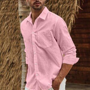 JMIERR Mens Cotton Linen Casual Stylish Button-Down Shirt Long Sleeve Business Fitted Dress Shirts Summer Beach Shirts for Men Old Money Regular Fit with Pocket, US 46(XL), Pink