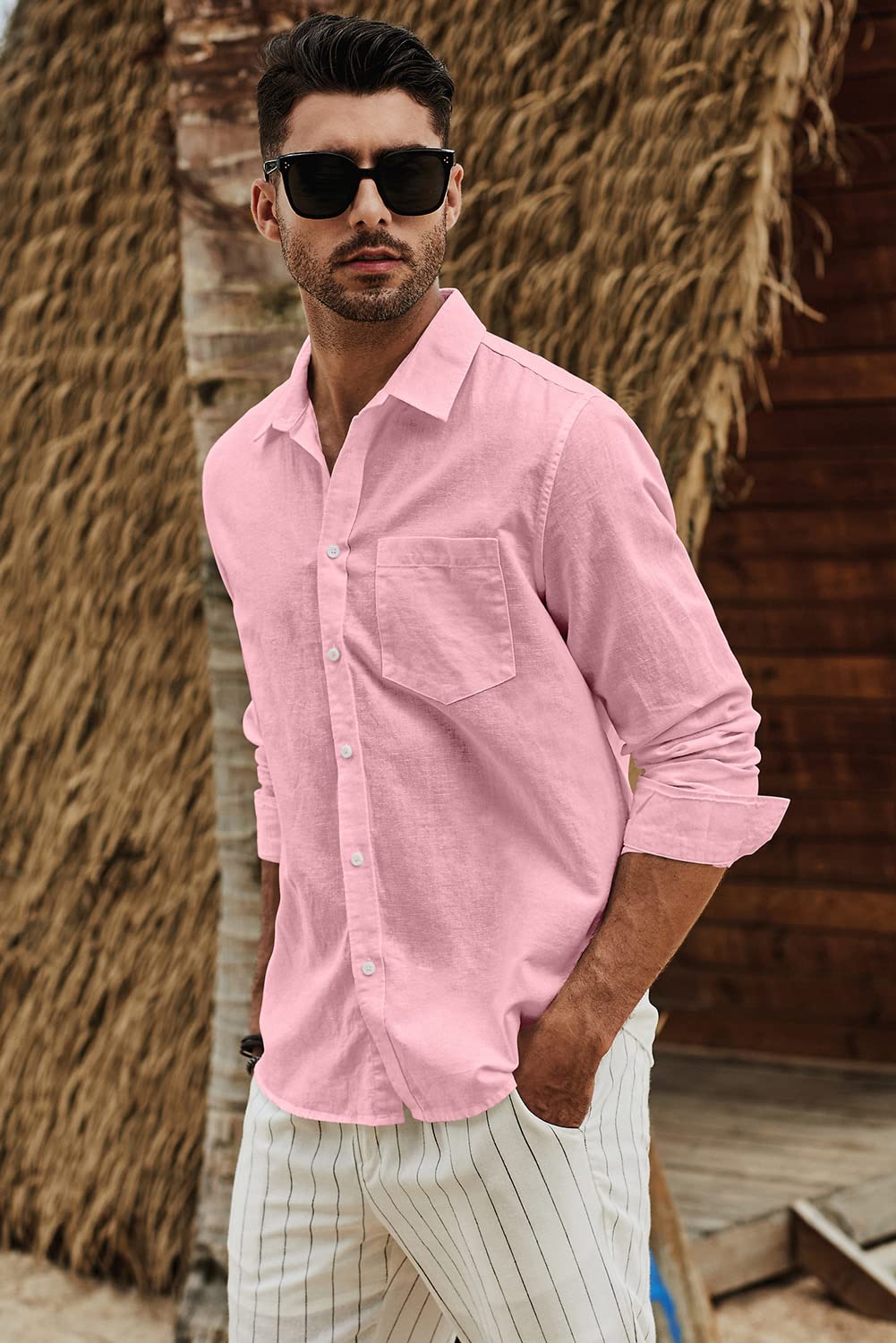 JMIERR Mens Cotton Linen Casual Stylish Button-Down Shirt Long Sleeve Business Fitted Dress Shirts Summer Beach Shirts for Men Old Money Regular Fit with Pocket, US 46(XL), Pink