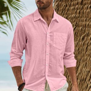 JMIERR Mens Cotton Linen Casual Stylish Button-Down Shirt Long Sleeve Business Fitted Dress Shirts Summer Beach Shirts for Men Old Money Regular Fit with Pocket, US 46(XL), Pink