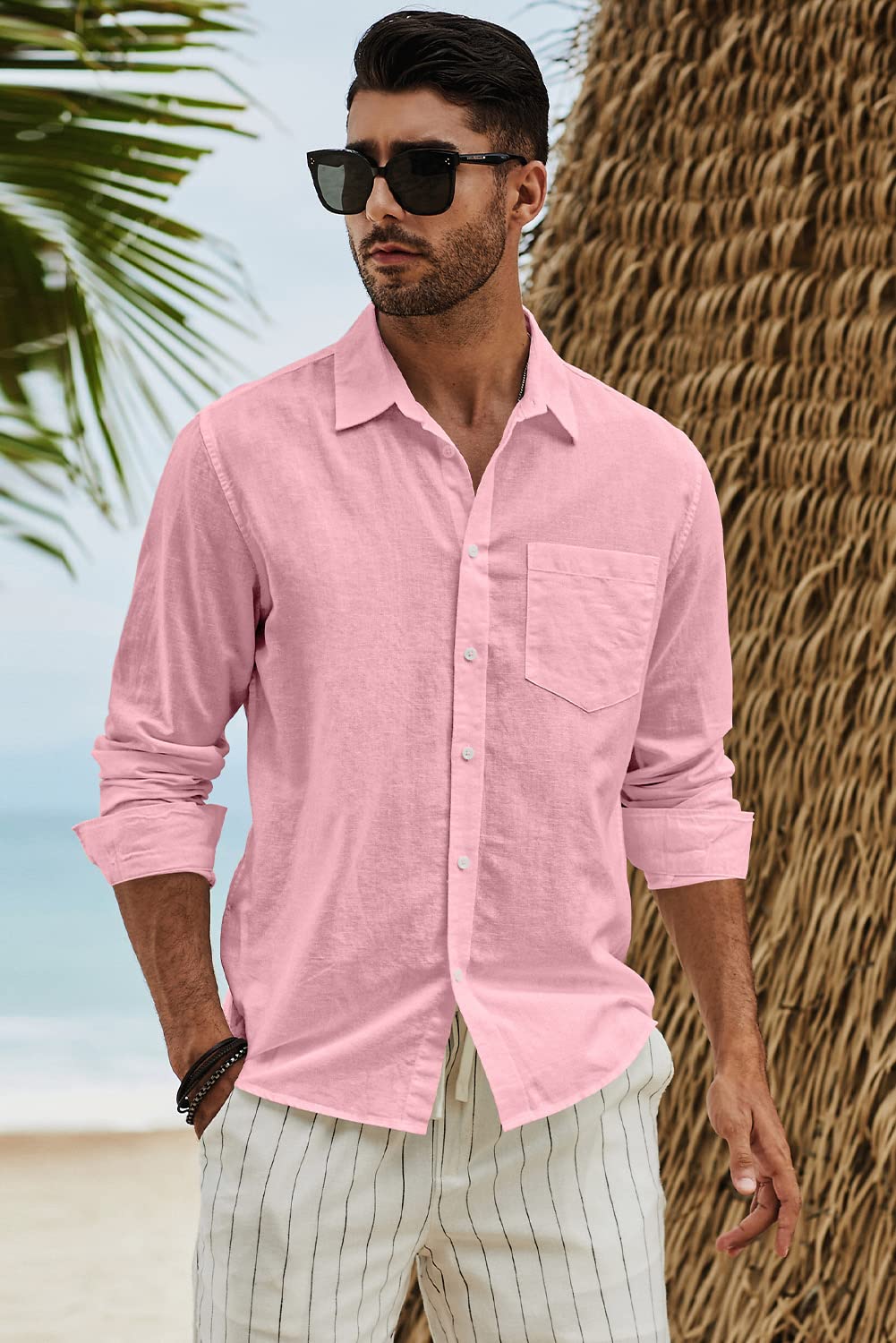 JMIERR Mens Cotton Linen Casual Stylish Button-Down Shirt Long Sleeve Business Fitted Dress Shirts Summer Beach Shirts for Men Old Money Regular Fit with Pocket, US 46(XL), Pink