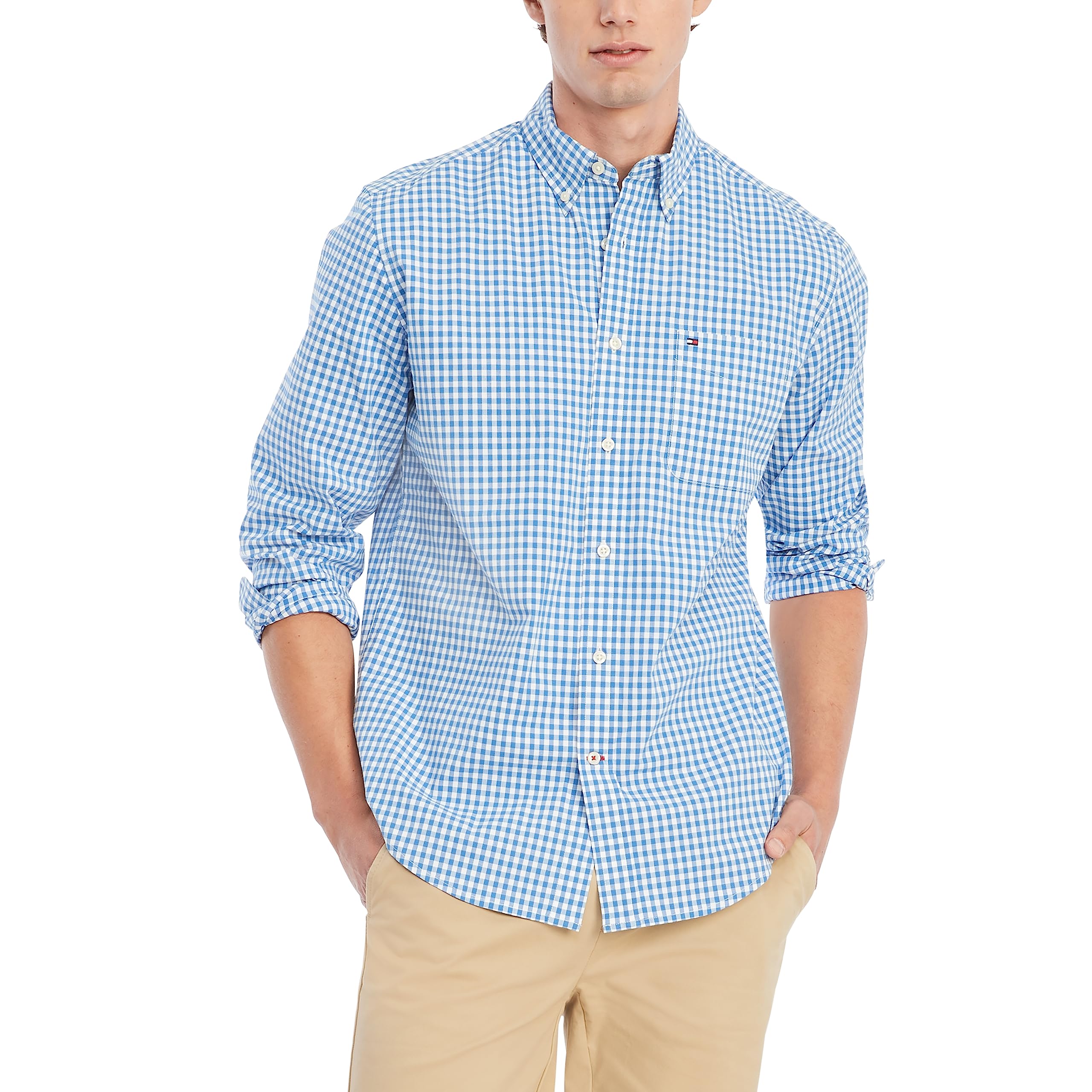 Tommy Hilfiger Men's Long Sleeve Casual Button Down Shirt in Classic Fit, Blooming Blue