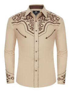 salvaje oeste western embroidered cowboy shirts for men, casual button down long sleeve shirt floral design retro shirt khaki