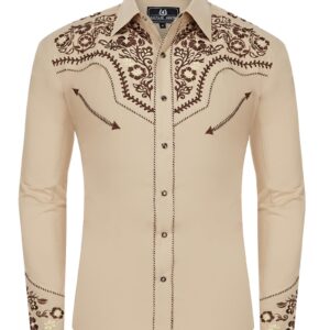 SALVAJE OESTE Western Embroidered Cowboy Shirts for Men, Casual Button Down Long Sleeve Shirt Floral Design Retro Shirt Khaki